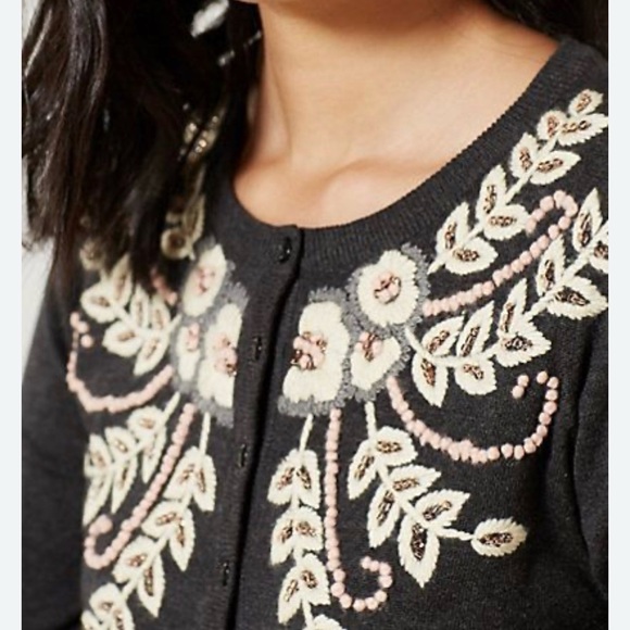 Anthropologie Tabitha Charcoal Beaded Cardigan | Floral Embroidery | Medium - Picture 2 of 11